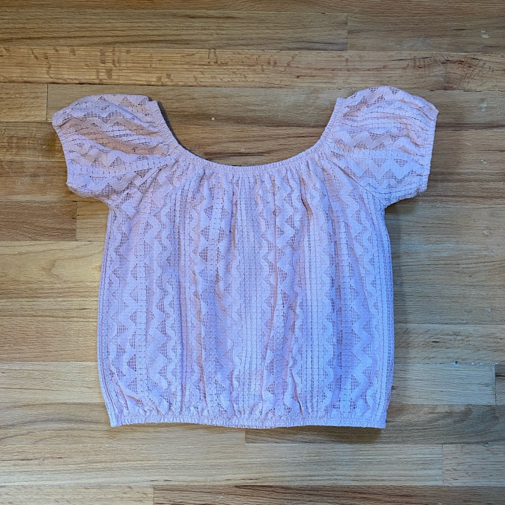 Express blush pink off the shoulder crop top.